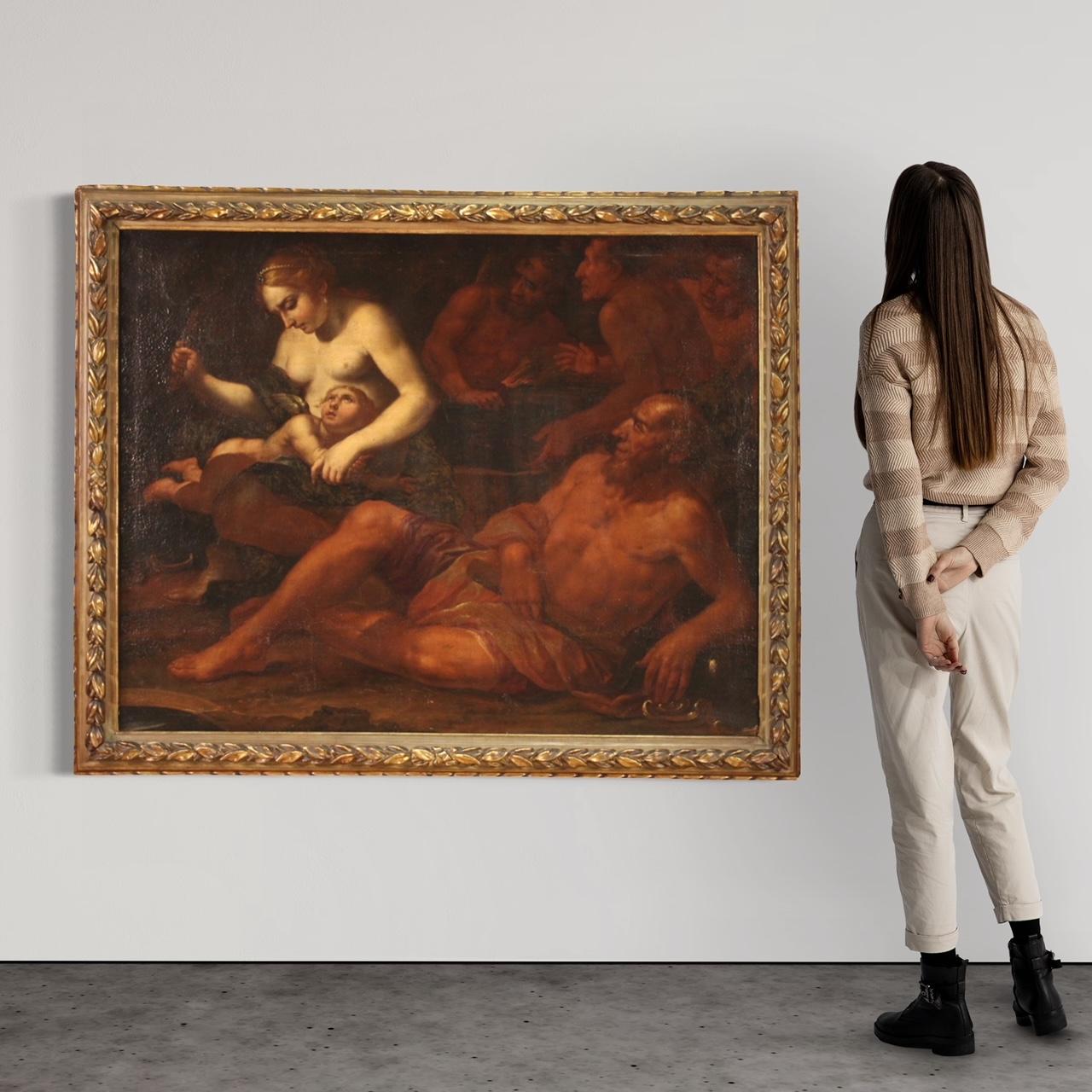 Late 17th Century 17th Century Oil on Canvas Italian Mythological Painting Venus Flogging Love