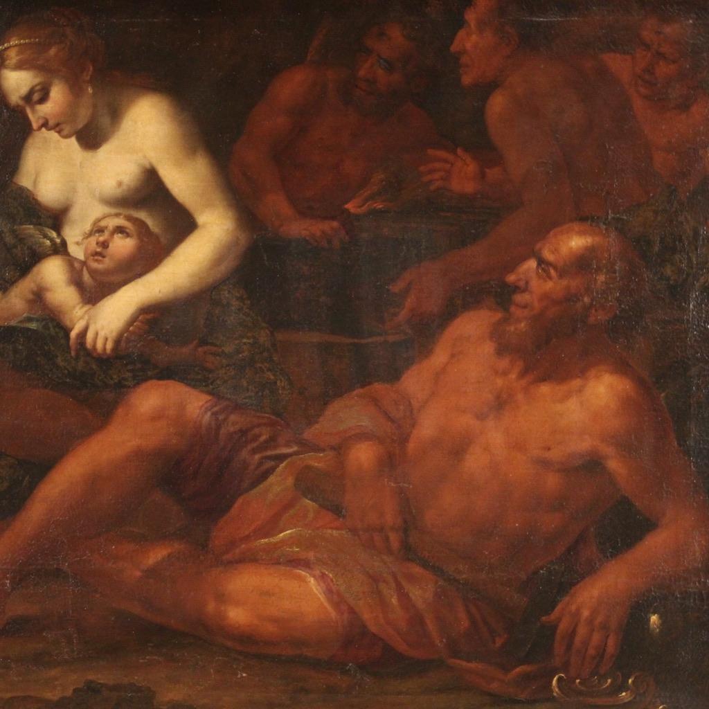 17th Century Oil on Canvas Italian Mythological Painting Venus Flogging Love 1