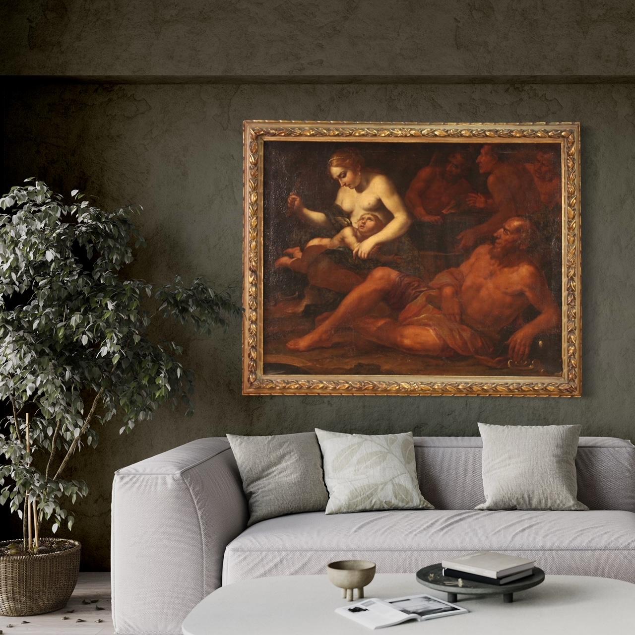 17th Century Oil on Canvas Italian Mythological Painting Venus Flogging Love 3