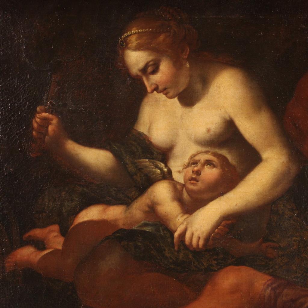 17th Century Oil on Canvas Italian Mythological Painting Venus Flogging Love 4