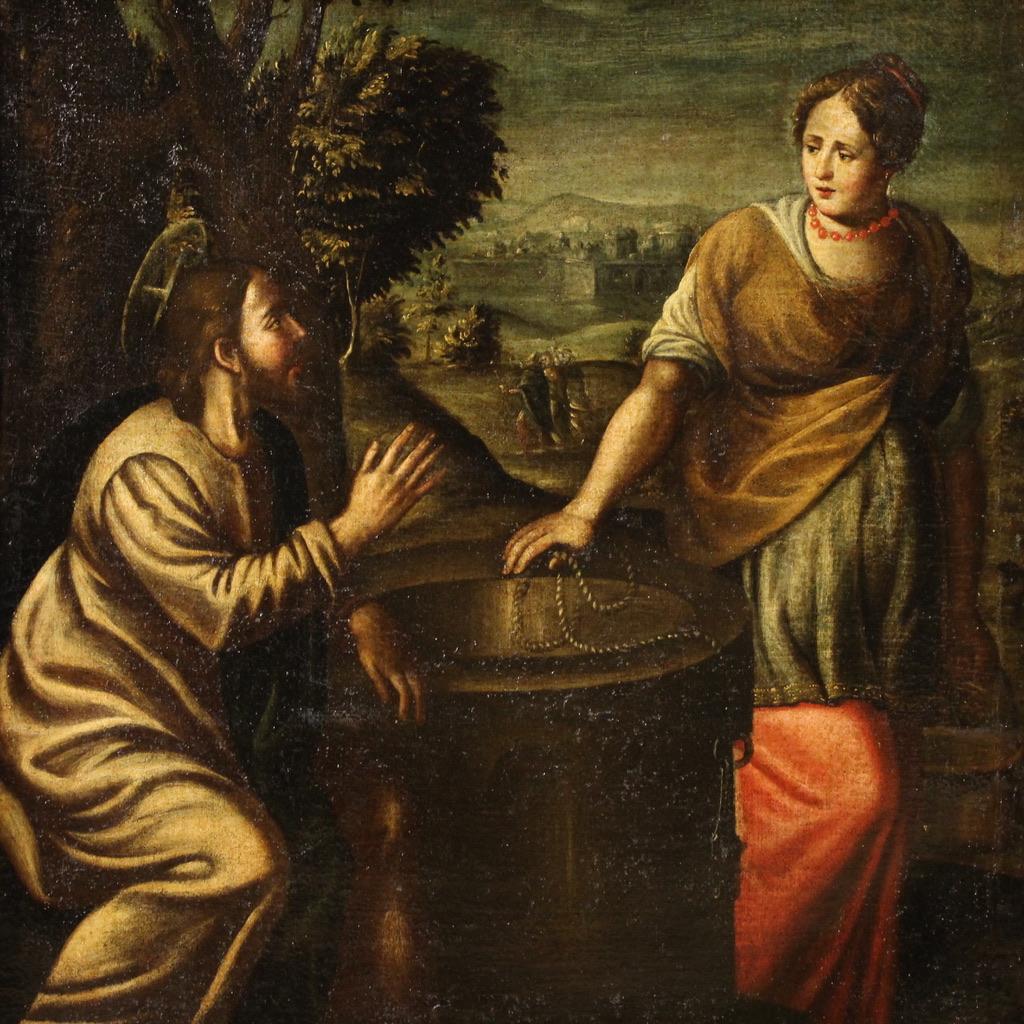 Antique Italian painting from the 17th century. Oil on canvas, first canvas, painting depicting a subject of sacred art, Christ and the Samaritan woman at the well, of excellent pictorial quality. Antique carved and gilded wooden frame, bronze tint,
