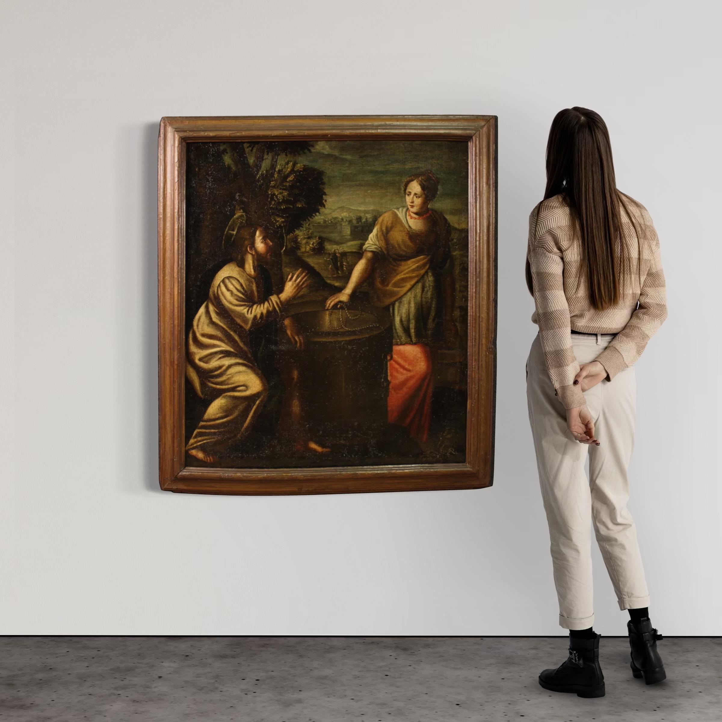 17th Century Oil on Canvas Italian Painting Christ and the Samaritan at the Well (Geölt) im Angebot