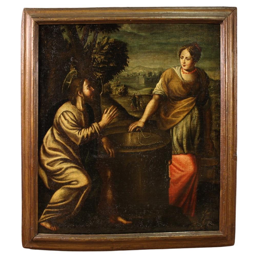 17th Century Oil on Canvas Italian Painting Christ and the Samaritan at the Well