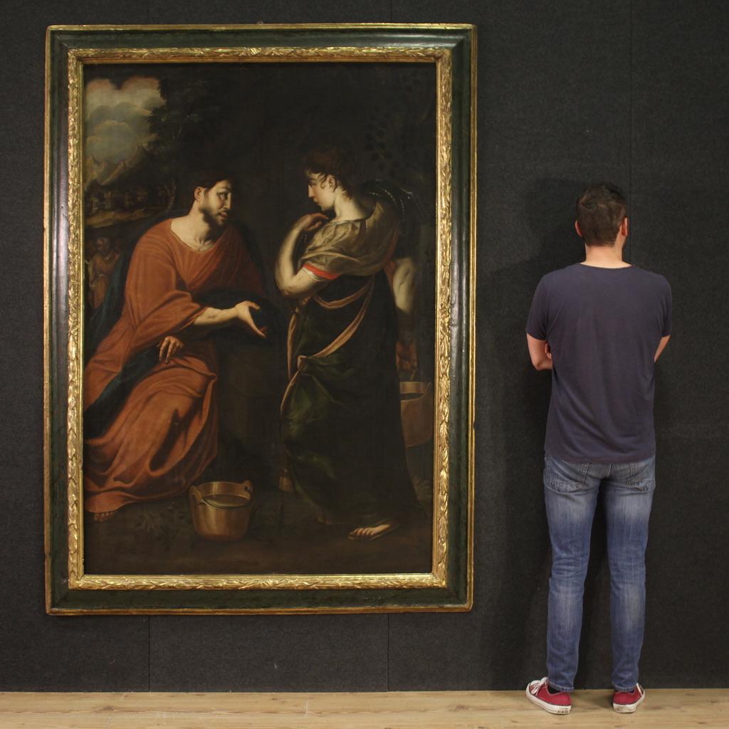 École lombarde de la seconde moitié du XVIIe siècle. Superbe œuvre d'art à l'huile sur toile représentant le Christ et la Samaritaine au puits. Jésus est en voyage et décide de s'arrêter à un puits. Une Samaritaine s'approche du Christ et il lui