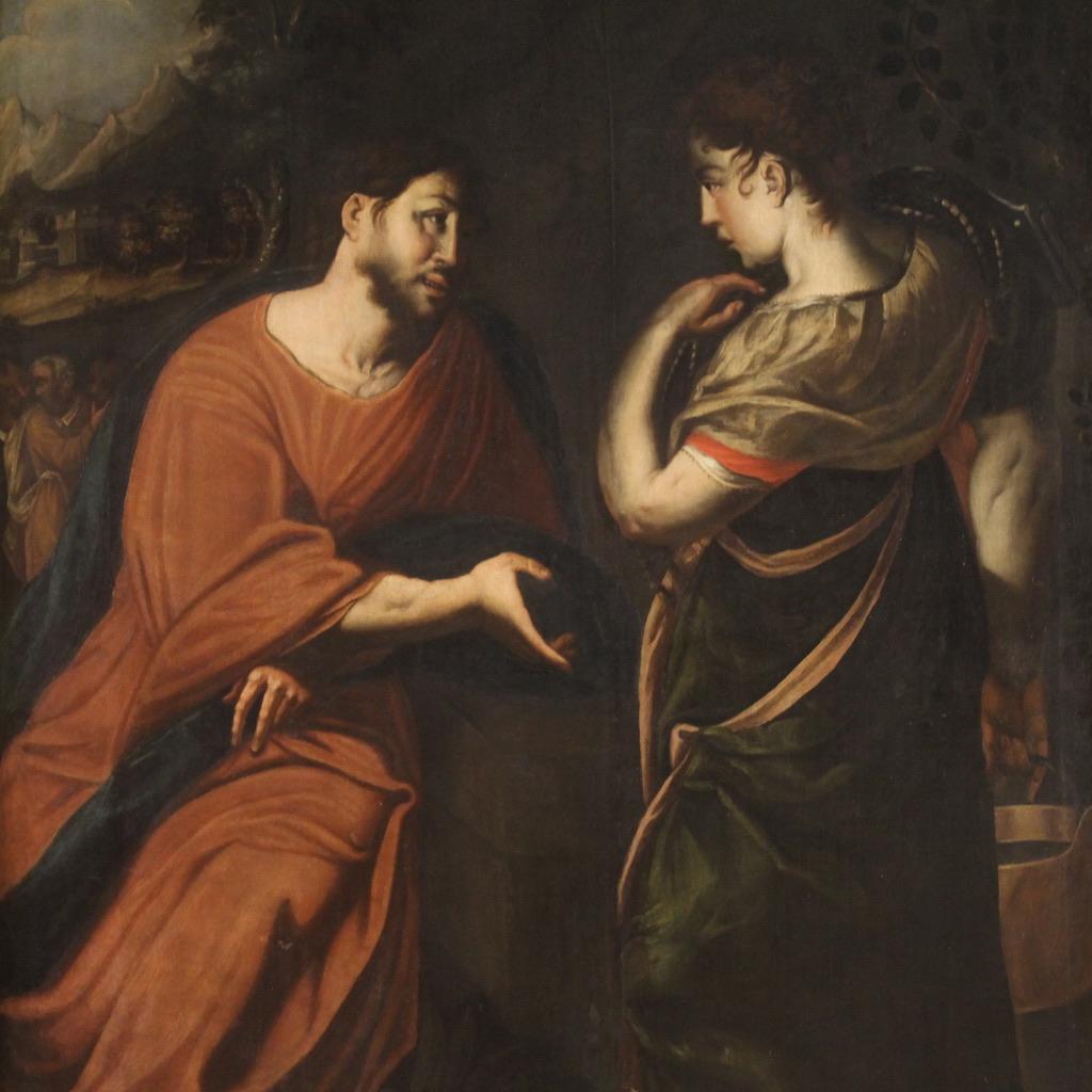huile sur toile du 17e siècle Peinture italienne Le Christ et la Samaritaine 3