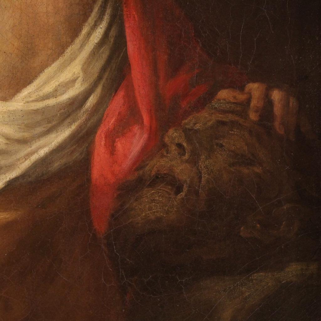 17. Jahrhundert Öl auf Leinwand Italienisch Gemälde David mit dem Kopf des Goliath im Angebot 8