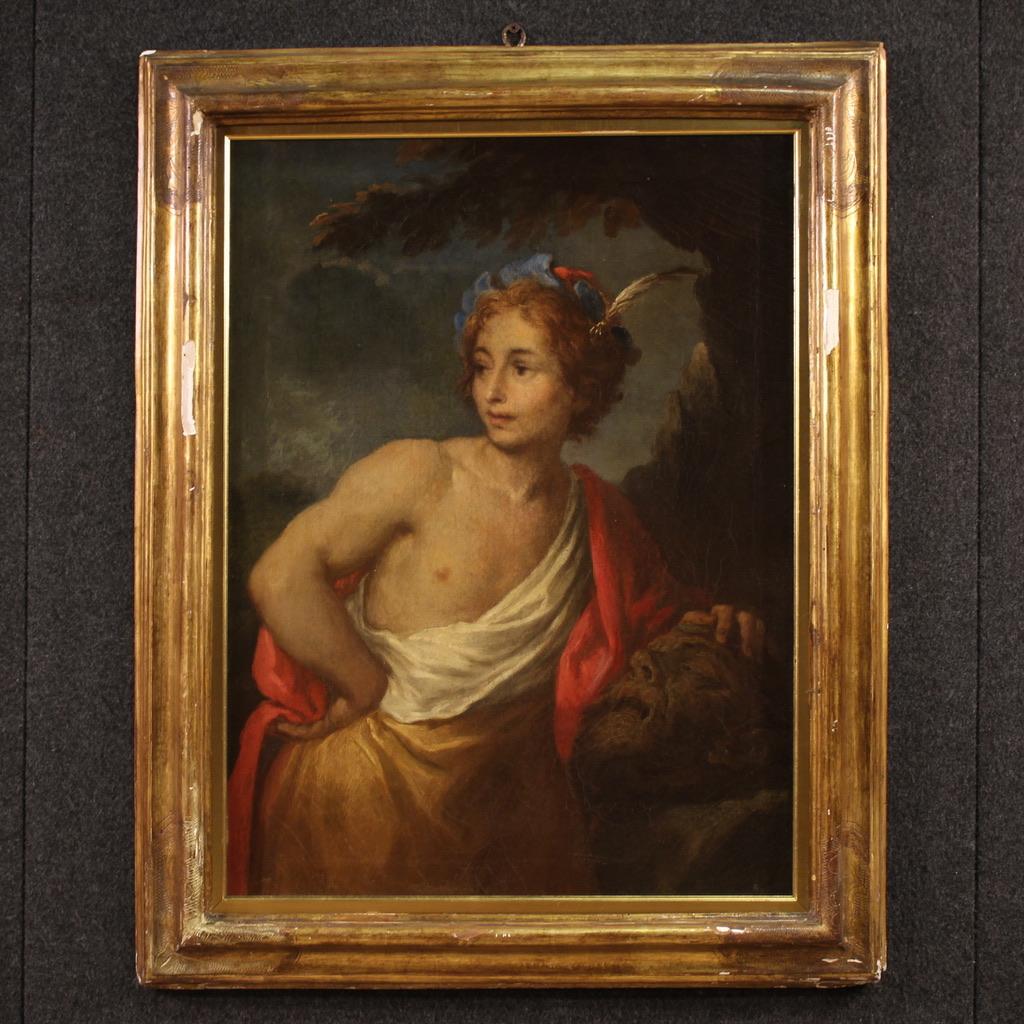 Italienische Schulmalerei aus der zweiten Hälfte des 17. Jahrhunderts. Öl auf Leinwand, das den biblischen Helden David im Moment des Triumphs mit dem Kopf des Goliaths zeigt. Der Legende nach gelang es einem jungen, im Umgang mit Waffen