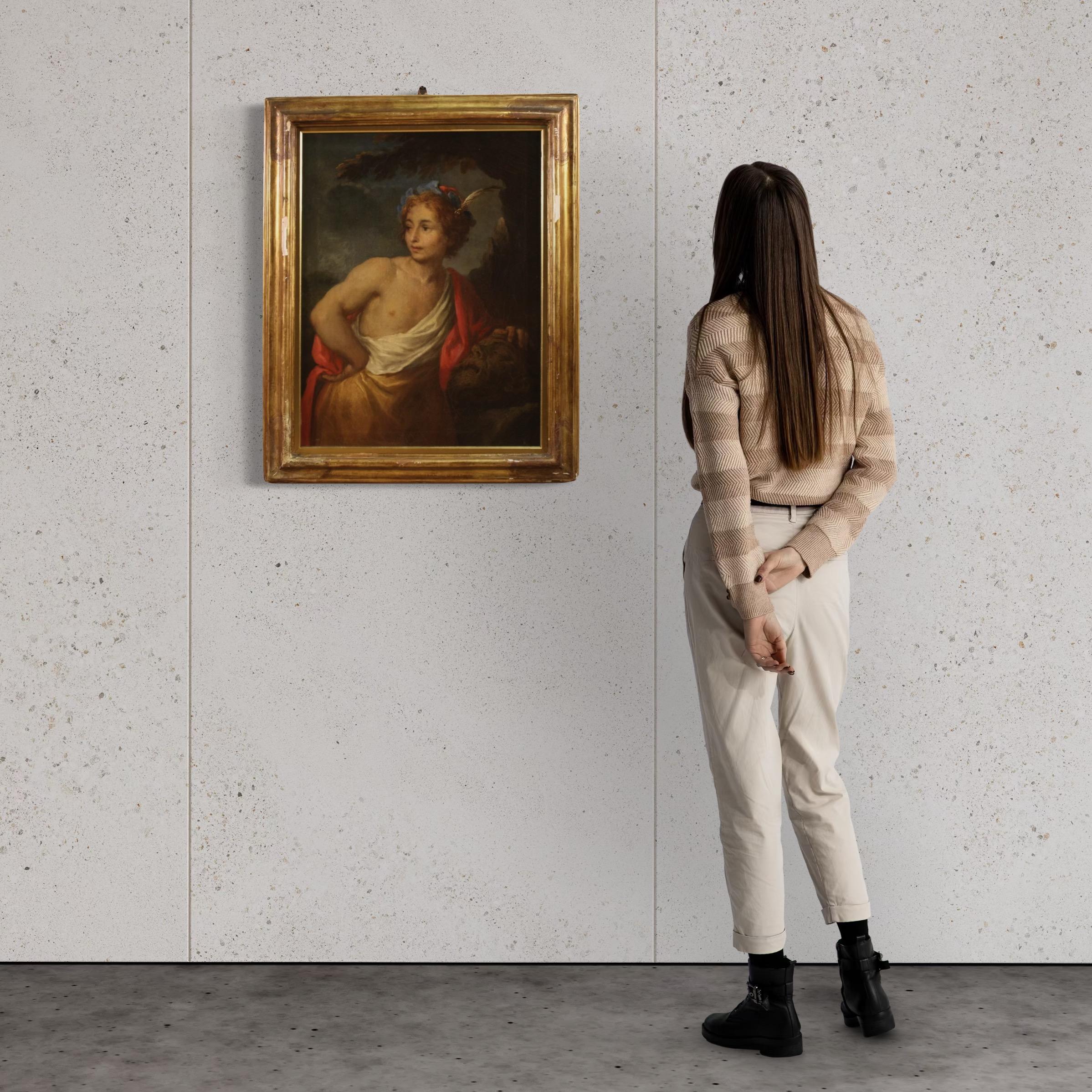 17. Jahrhundert Öl auf Leinwand Italienisch Gemälde David mit dem Kopf des Goliath (Italian) im Angebot