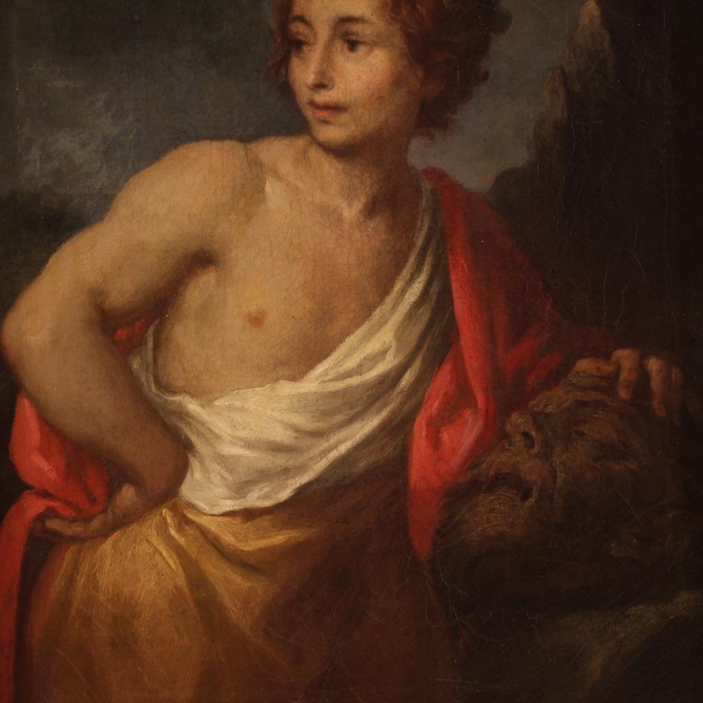17. Jahrhundert Öl auf Leinwand Italienisch Gemälde David mit dem Kopf des Goliath (Geölt) im Angebot