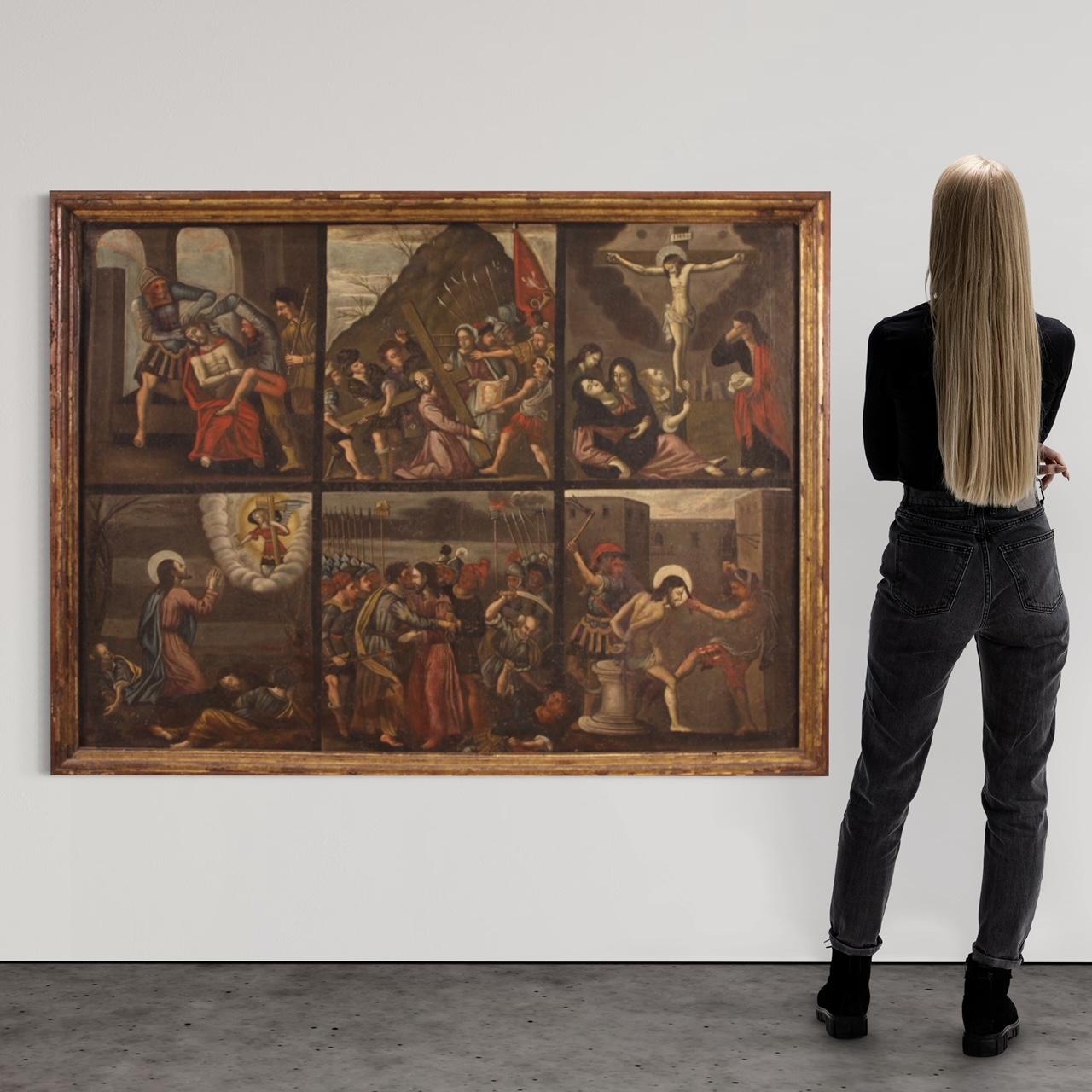 Great Italian painting from the second half of the 17th century. Oil artwork on canvas of good pictorial quality depicting religious subject, episodes from the life and passion of Christ. Painting depicting six scenes of the Via Crucis: Jesus in the