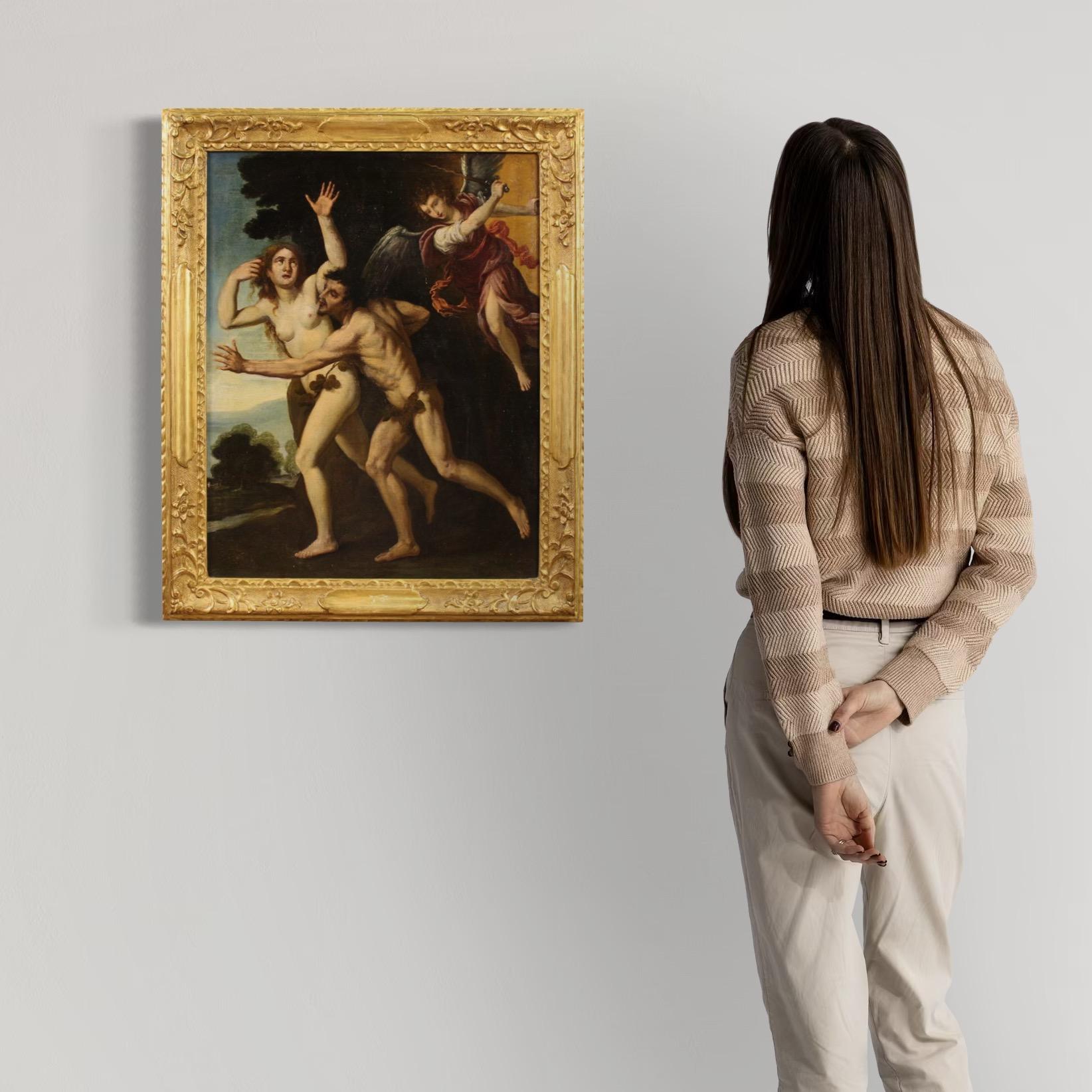 Rare 17th century Italian painting. Oil on canvas artwork depicting the expulsion of Adam and Eve from the Garden of Eden, one of the most powerful and dramatic subjects in biblical tradition. The figures are captured in a frantic and theatrical