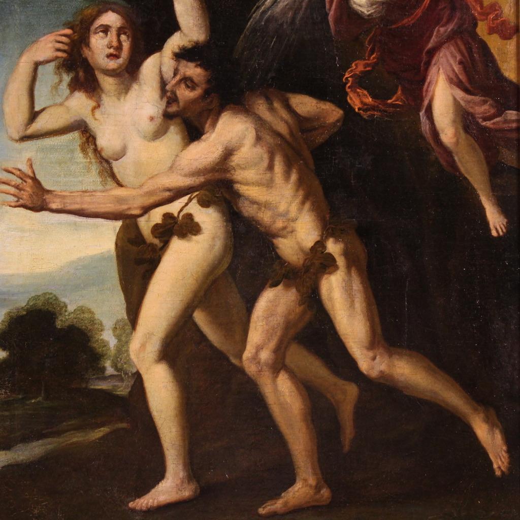17th Century Oil on Canvas Italian Painting Expulsion of Adam and Eve im Zustand „Gut“ im Angebot in Vicoforte, Piedmont