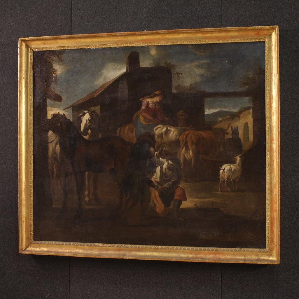 17th Century Oil on Canvas Italian Painting Genre Scene Farrier's Workshop 1680 For Sale 7