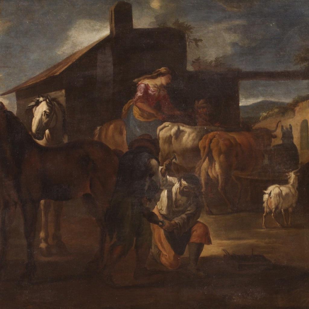 Antique Italian painting from the 17th century. Artwork oil on canvas depicting genre scene with characters and animals, The farrier's workshop of excellent pictorial quality. Great size and impact painting adorned with a non-coeval frame, from the