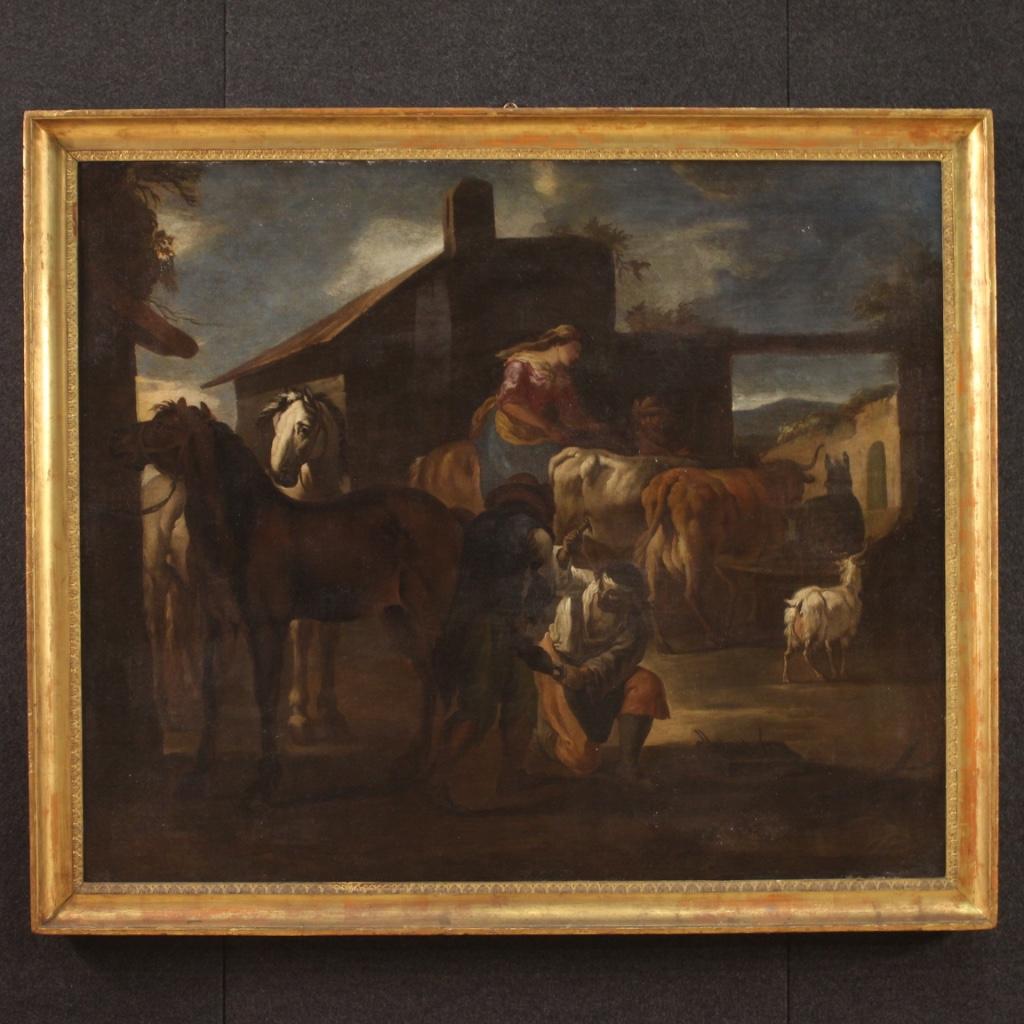 Oiled 17th Century Oil on Canvas Italian Painting Genre Scene Farrier's Workshop 1680 For Sale