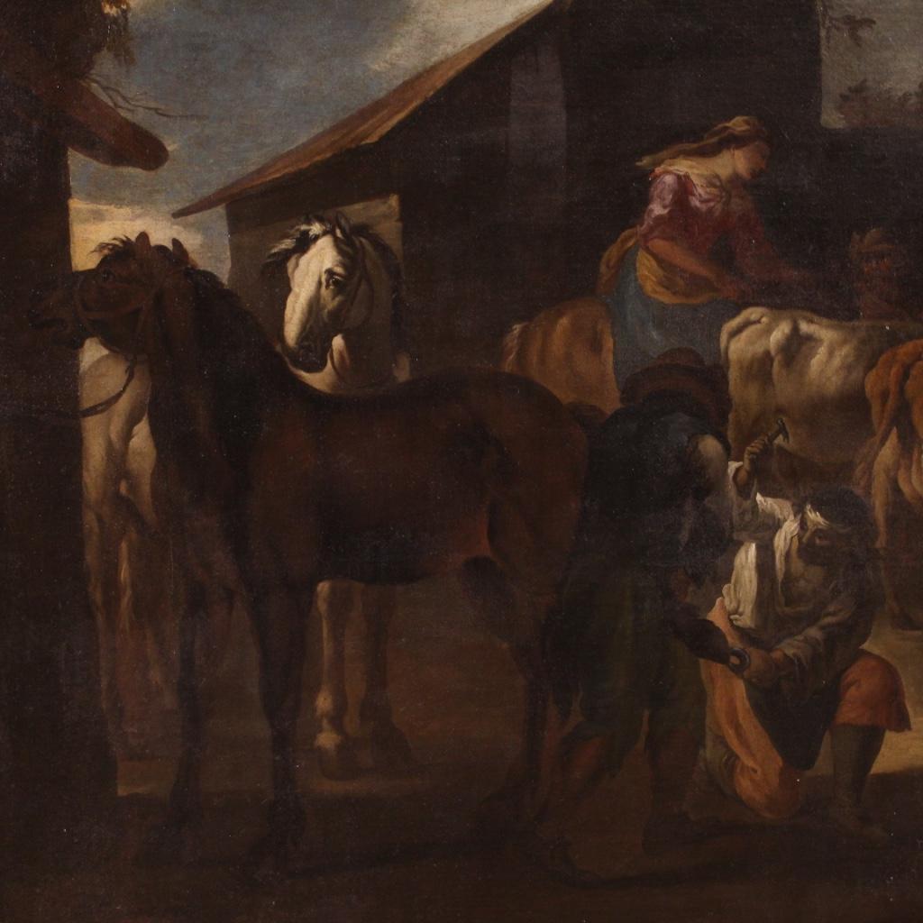 17th Century Oil on Canvas Italian Painting Genre Scene Farrier's Workshop 1680 In Good Condition For Sale In Vicoforte, Piedmont