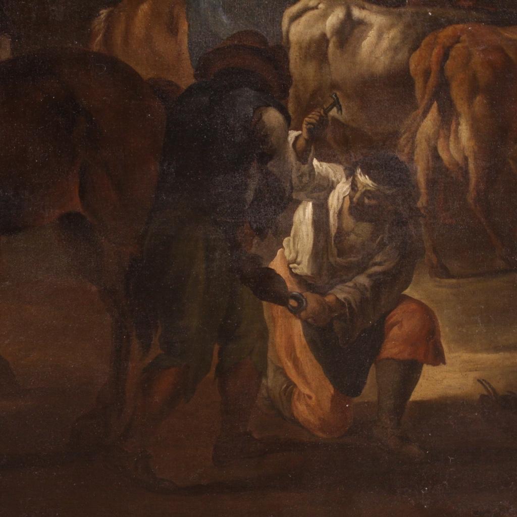 17th Century Oil on Canvas Italian Painting Genre Scene Farrier's Workshop 1680 For Sale 1