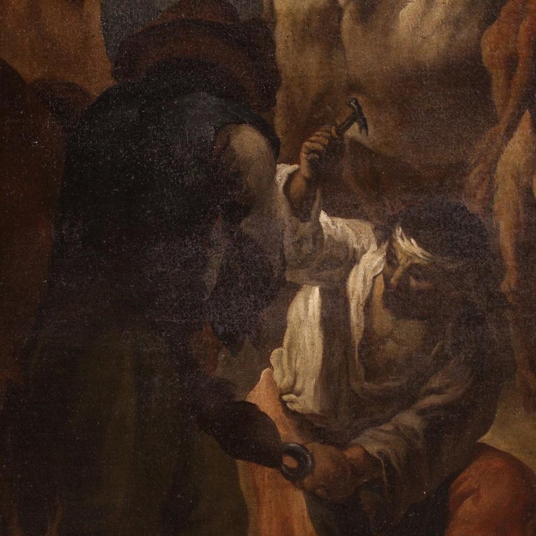 17th Century Oil on Canvas Italian Painting Genre Scene Farrier's Workshop 1680 For Sale 5