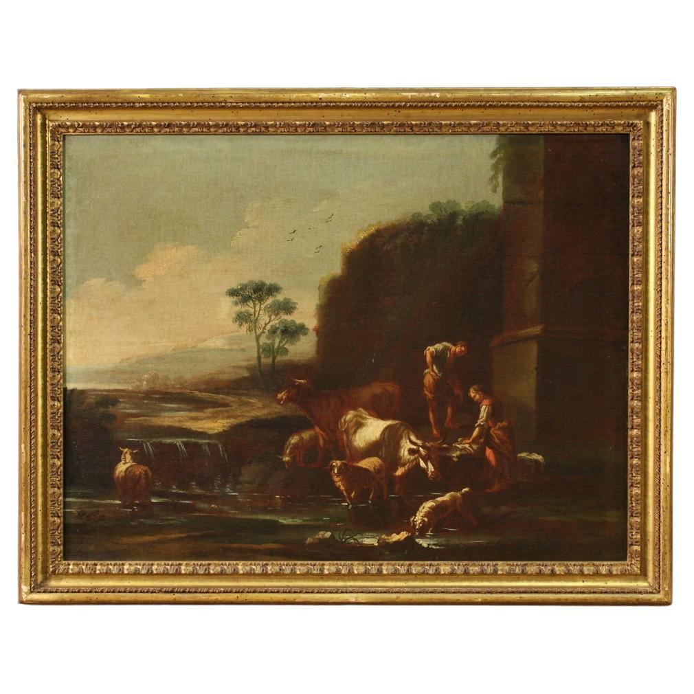 17th Century Oil on Canvas Italian Painting Landscape with Pastoral Scene, 1680