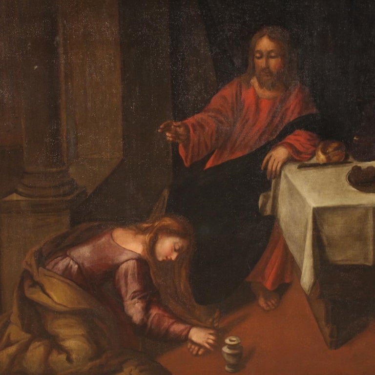 17th Century Oil on Canvas Italian Painting Magdalene Washing the Feet ...