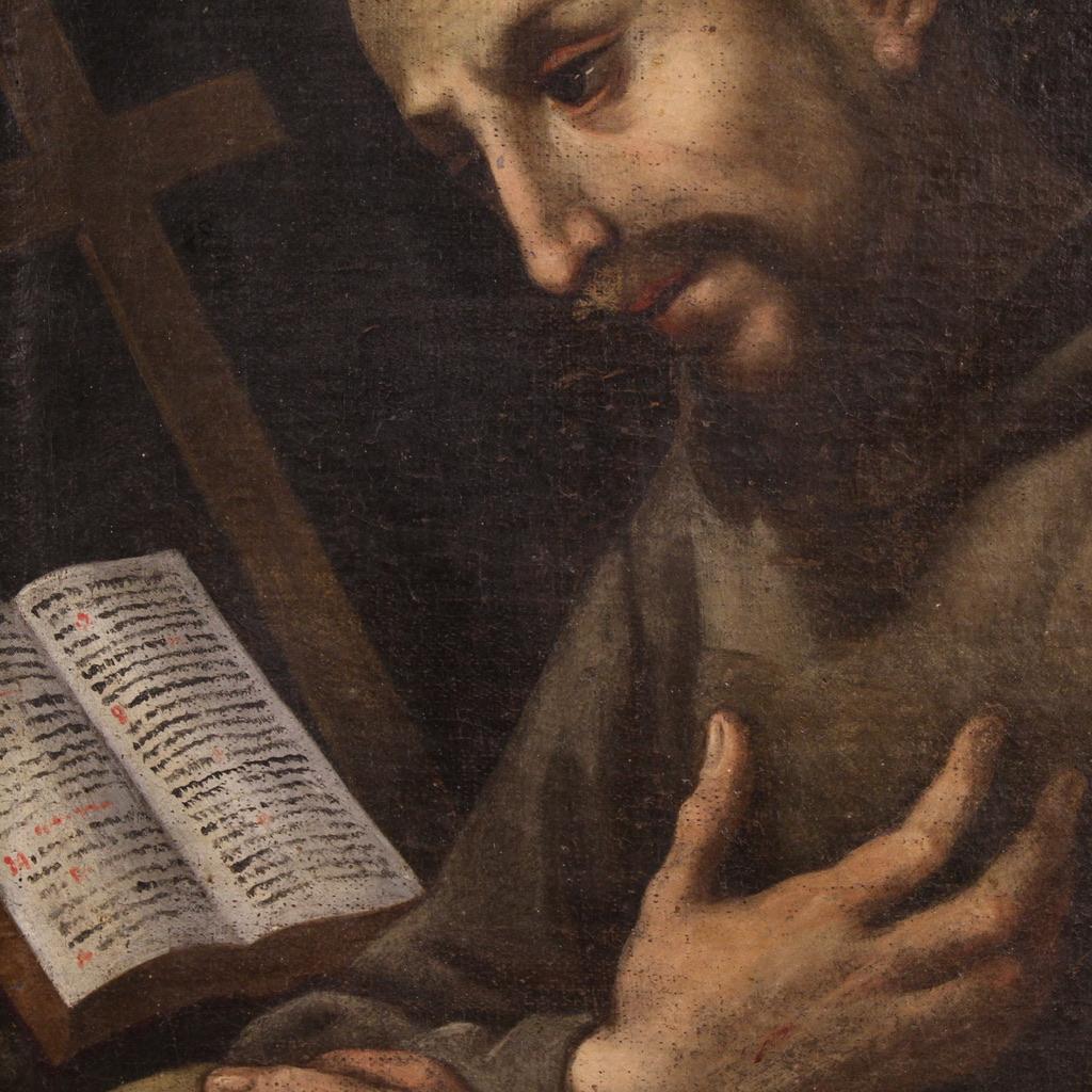 17. Jahrhundert Öl auf Leinwand Italienisches Gemälde Heiliger Franz von Assisi, 1660 im Angebot 9