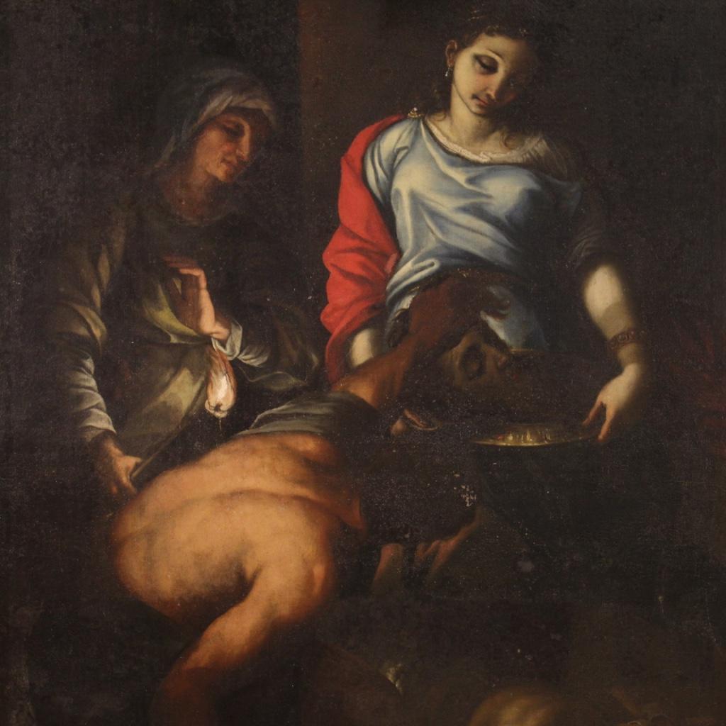 Antique painting from the 17th century. Oil on canvas artwork of considerable size, depicting Salome with the head of the Baptist. Salome's mother abandoned her husband and went to live with her brother-in-law, King Herod. John the Baptist publicly