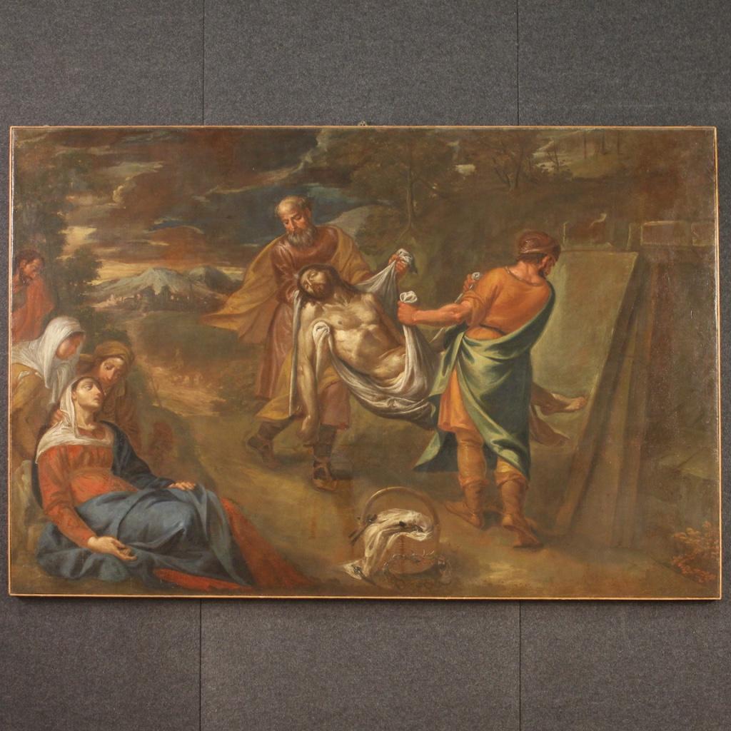 17th Century Oil on Canvas Italian Painting Transport of Christ to the Tomb 1680 In Good Condition In Vicoforte, Piedmont