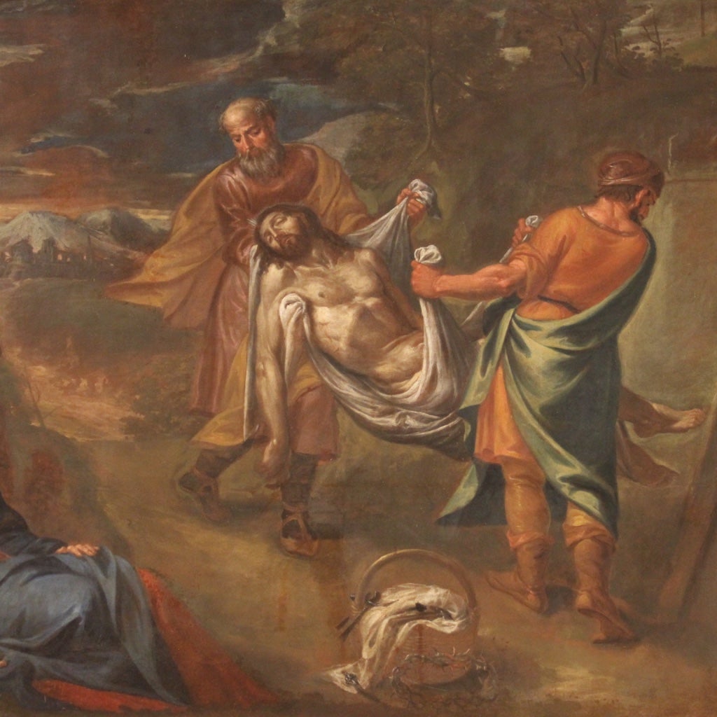 Antique Italian painting from the 17th century. Oil on canvas artwork depicting the transport of Christ to the tomb, of excellent pictorial quality. Painting of great size and impact ideal to be placed in a salon, for antique dealers, interior