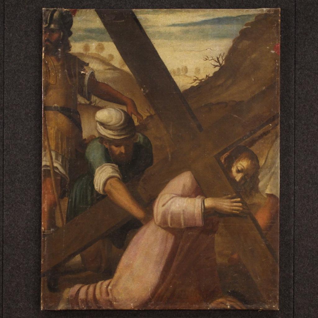 Antique Italian painting from the 17th century. Framework oil on canvas depicting a religious subject taken from the Via Crucis Ascent to Calvary of good pictorial quality. Beautifully sized and pleasantly decorated painting for antique dealers,