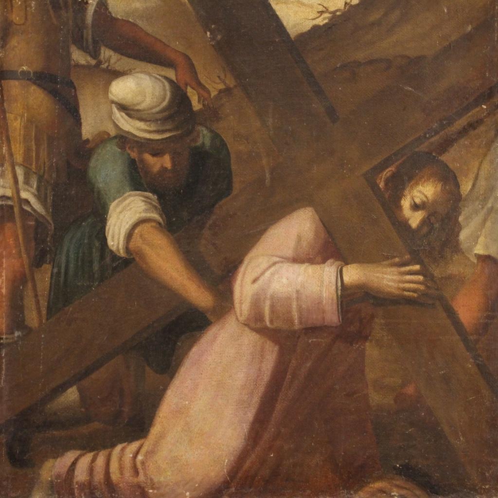 17th Century Oil on Canvas Italian Painting Via Crucis Ascent to Calvary, 1650 In Fair Condition In Vicoforte, Piedmont