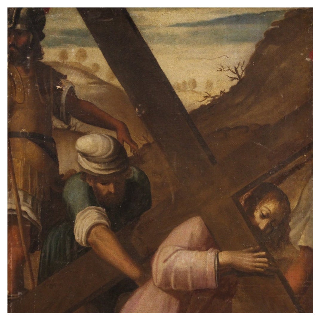 Olio su tela del XVII secolo Pittura italiana Via Crucis Salita al Calvario, 1650