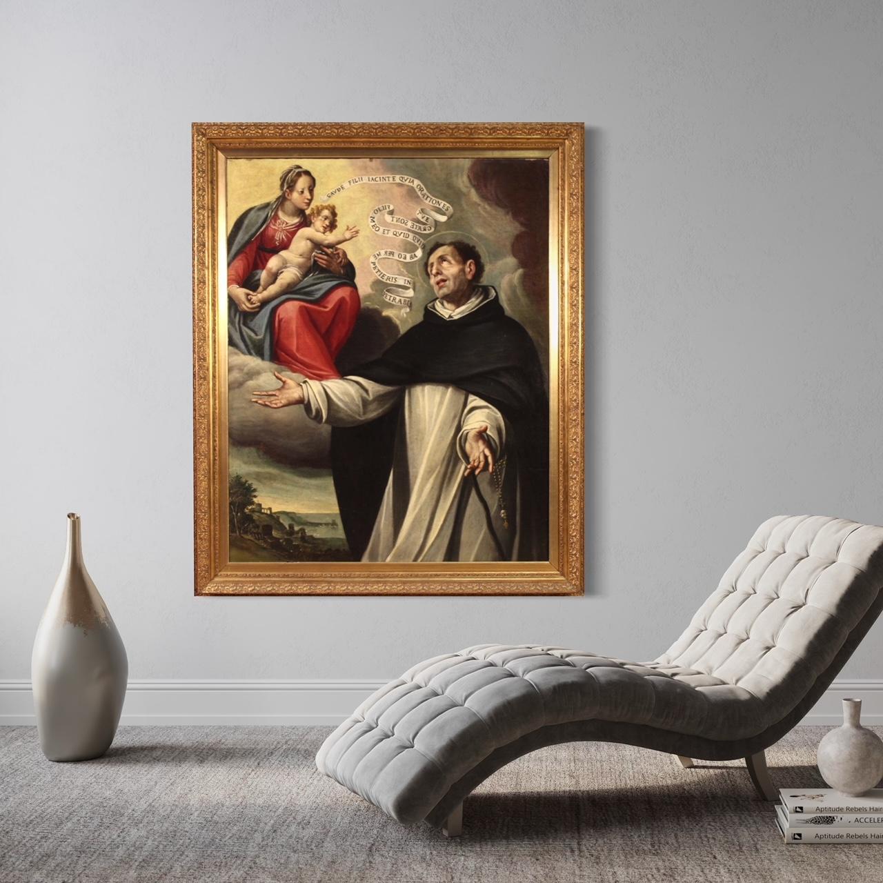17th Century Oil on Canvas Italian Painting Virgin Apparition to Saint Hyacinth For Sale 10