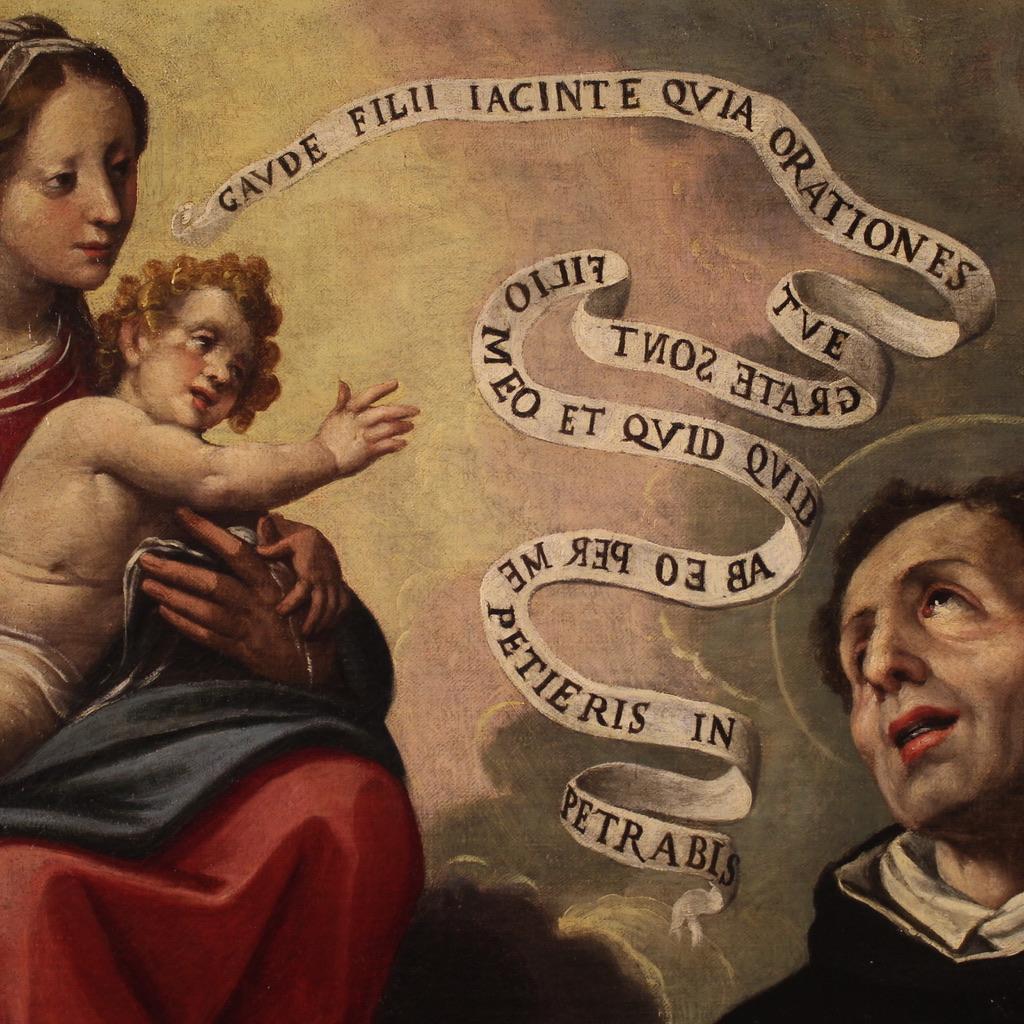 Oiled 17th Century Oil on Canvas Italian Painting Virgin Apparition to Saint Hyacinth For Sale