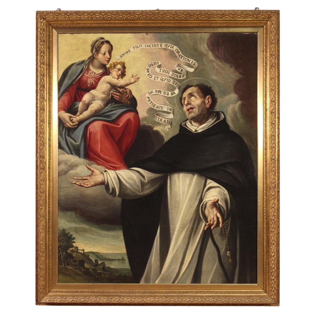 17th Century Oil on Canvas Italian Painting Virgin Apparition to Saint Hyacinth For Sale