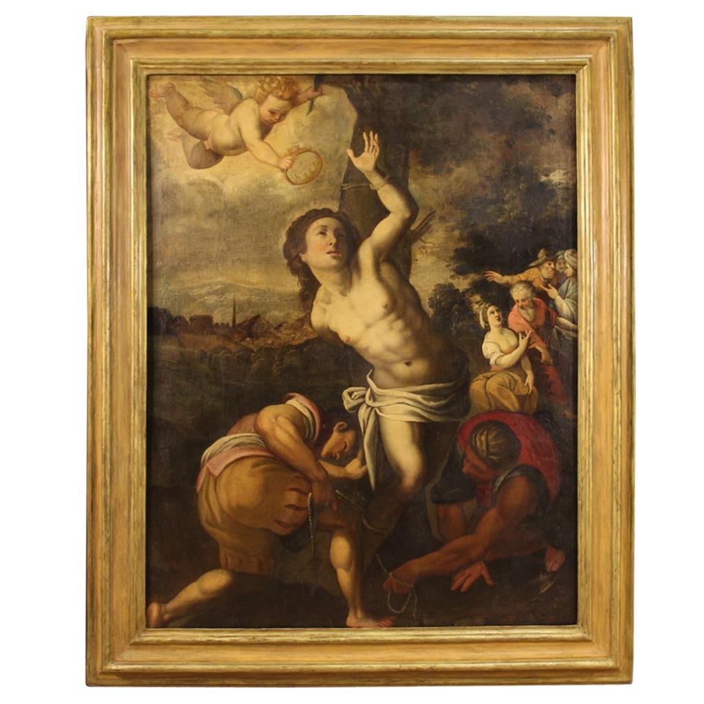 17th Century Oil on Canvas Italian Religious Antique Painting Saint Sebastian