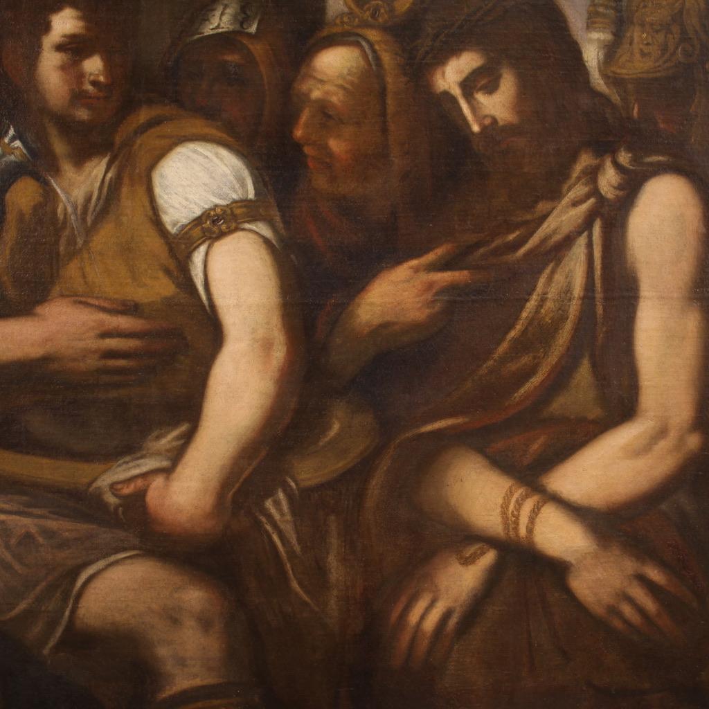17th Century Oil on Canvas Italian Religious Painting Christ before Pilate, 1640 8