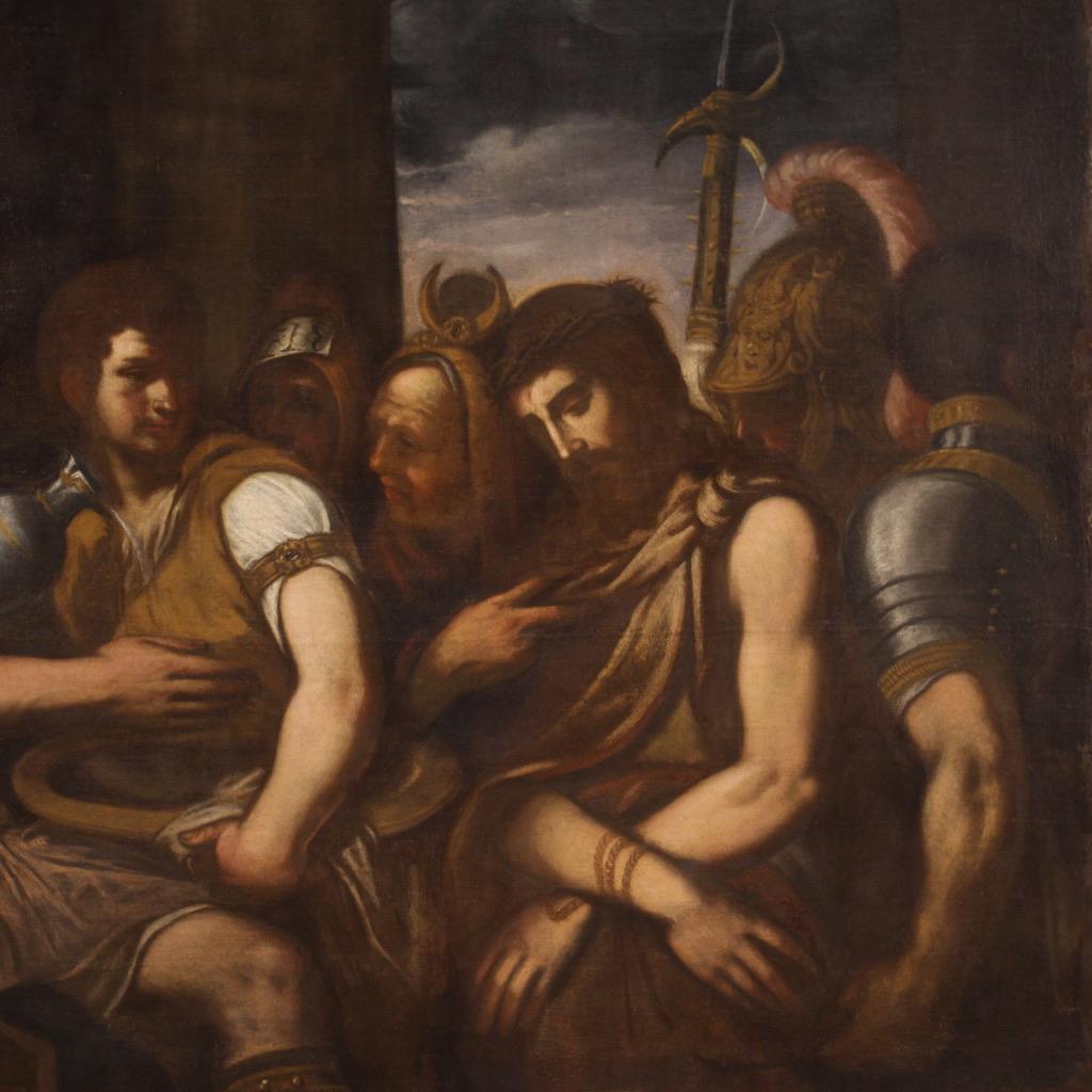 17th Century Oil on Canvas Italian Religious Painting Christ before Pilate, 1640 2