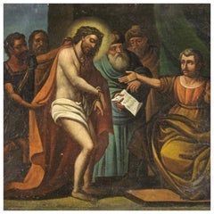 17th Century Oil on Canvas Italian Religious Painting Christ Before Pilate, 1670