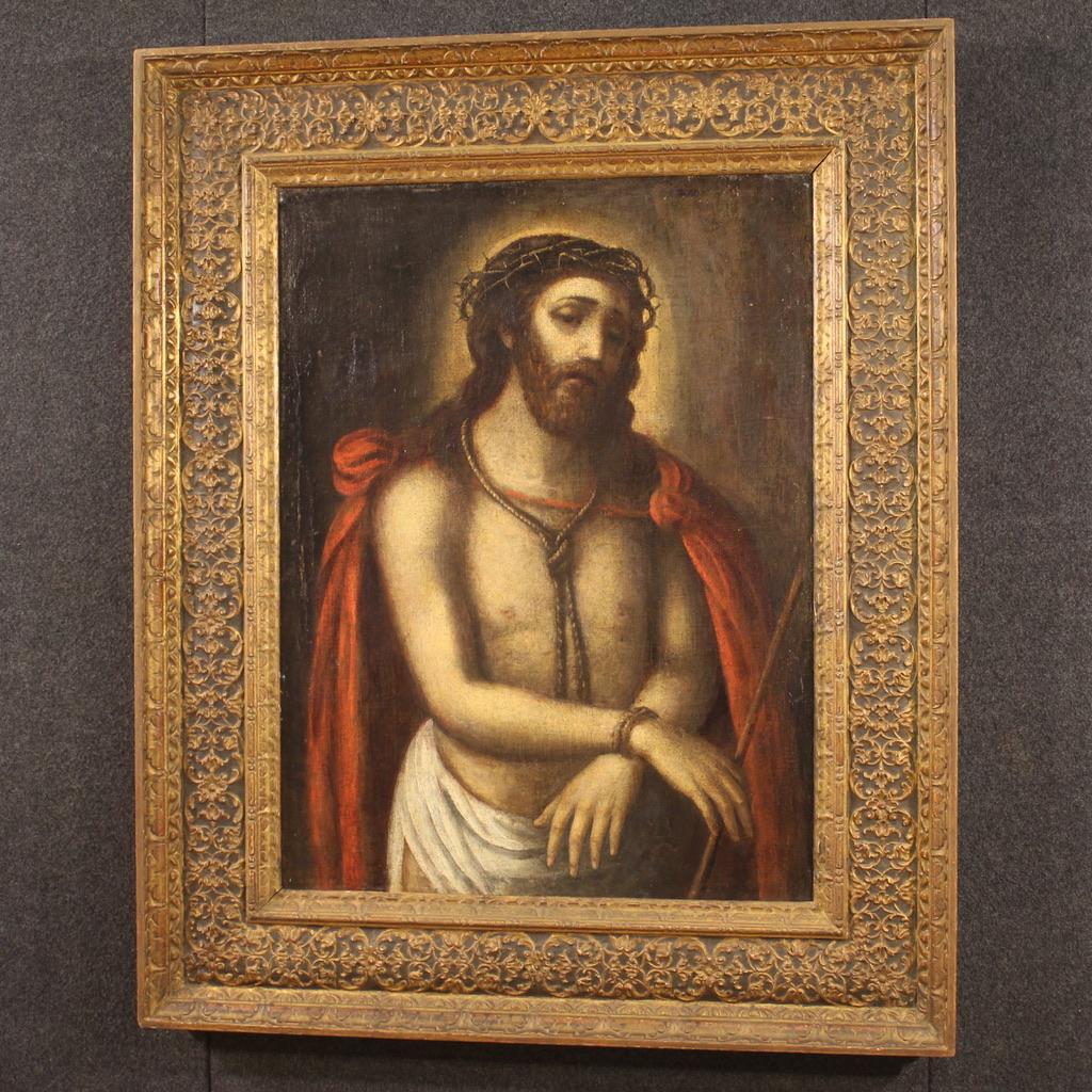 17th Century Oil on Canvas Italian Religious Painting Christ Ecce Homo, 1670 For Sale 7
