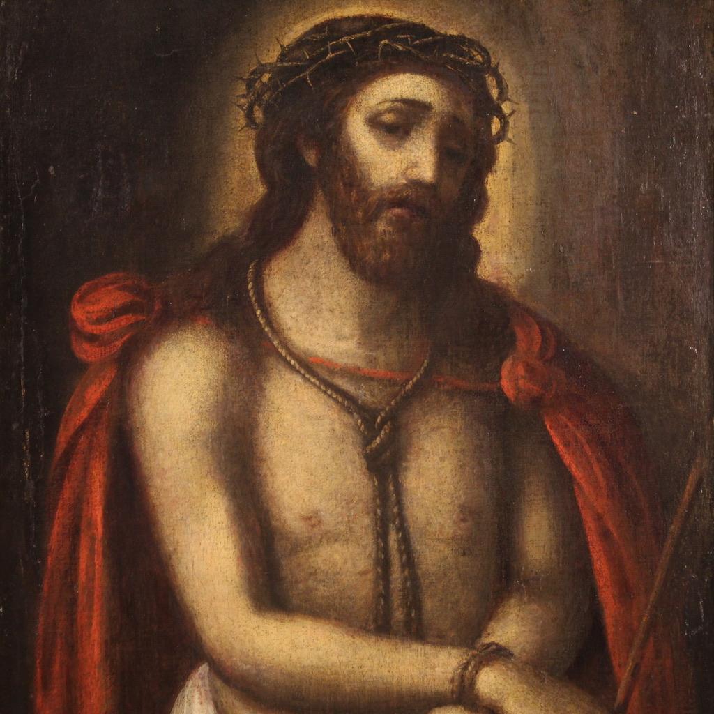 17th Century Oil on Canvas Italian Religious Painting Christ Ecce Homo, 1670 In Good Condition For Sale In Vicoforte, Piedmont