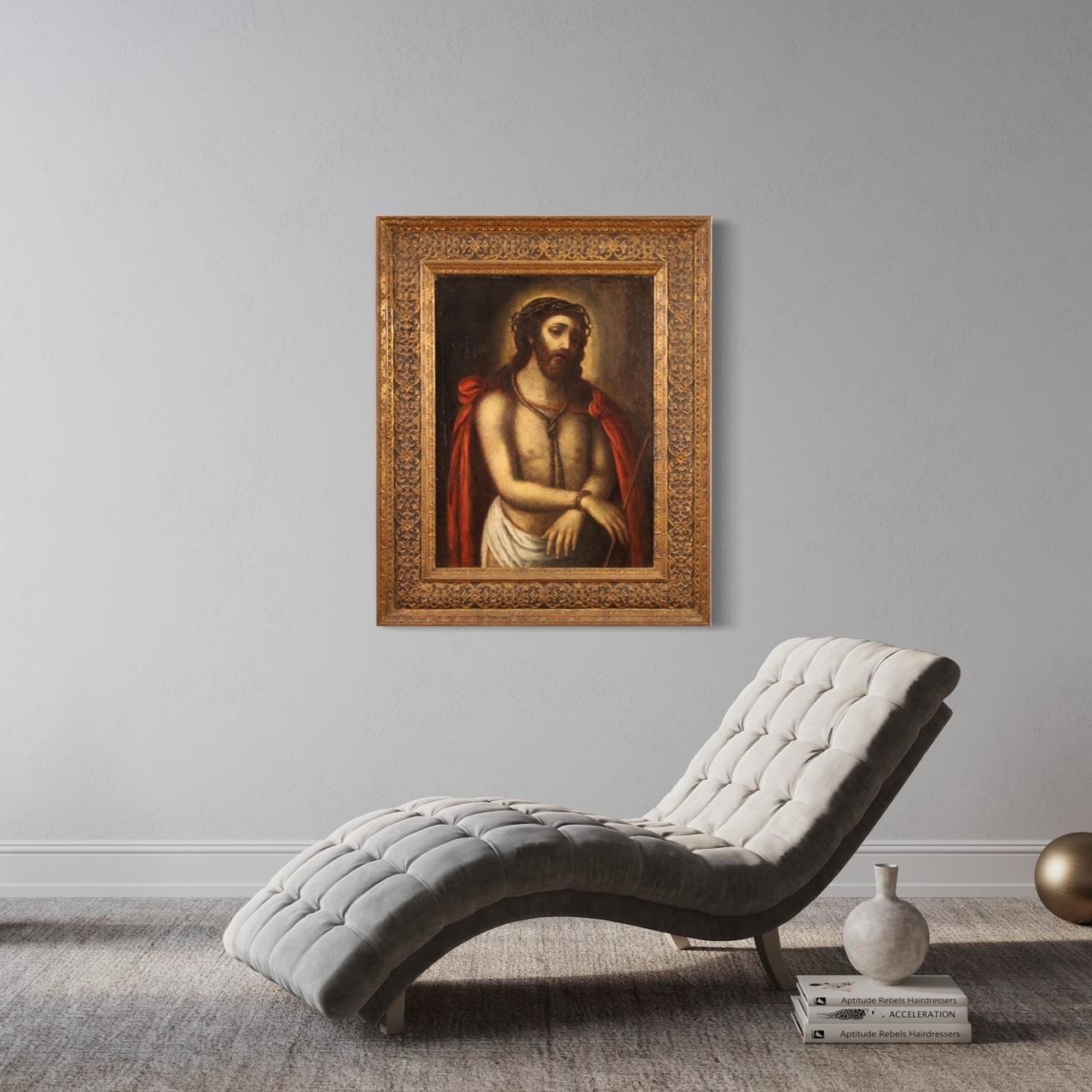 17th Century Oil on Canvas Italian Religious Painting Christ Ecce Homo, 1670 For Sale 5