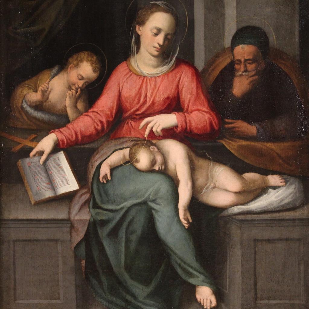 Peinture italienne ancienne de la première moitié du XVIIe siècle. Oeuvre d'art huile sur toile représentant le sujet religieux Sainte Famille avec Saint John d'une excellente qualité picturale. Peinture de haute époque ornée d'un cadre non coeval,