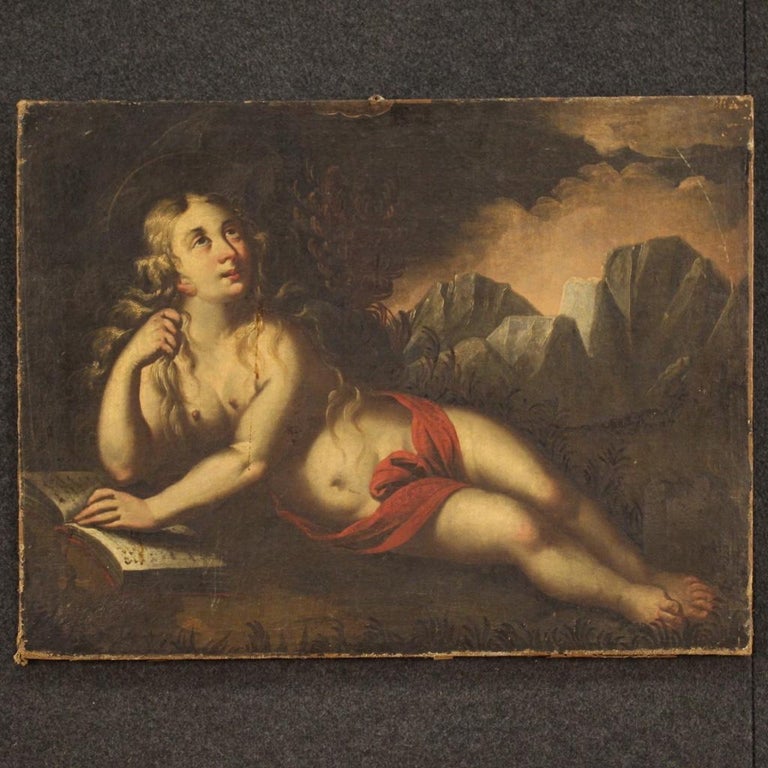 Antique French painting from the second half of the 17th century. Painting oil on canvas, in fabulous patina, depicting a religious subject Magdalene of excellent pictorial quality. Framework of good size and pleasant impact for antique dealers,