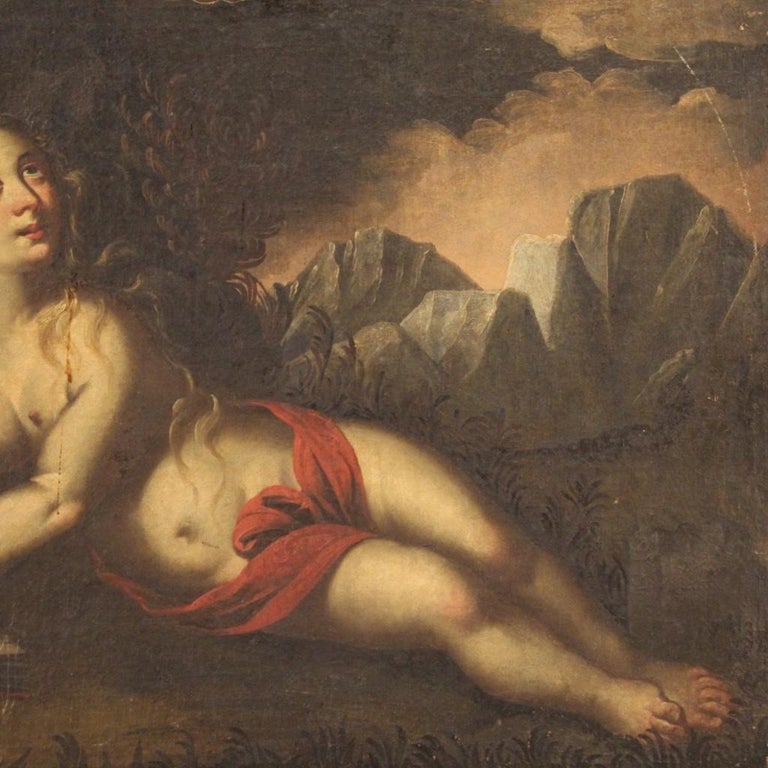 17th Century Oil on Canvas French Religious Painting Mary Magdalene, 1670 In Good Condition For Sale In Vicoforte, Piedmont