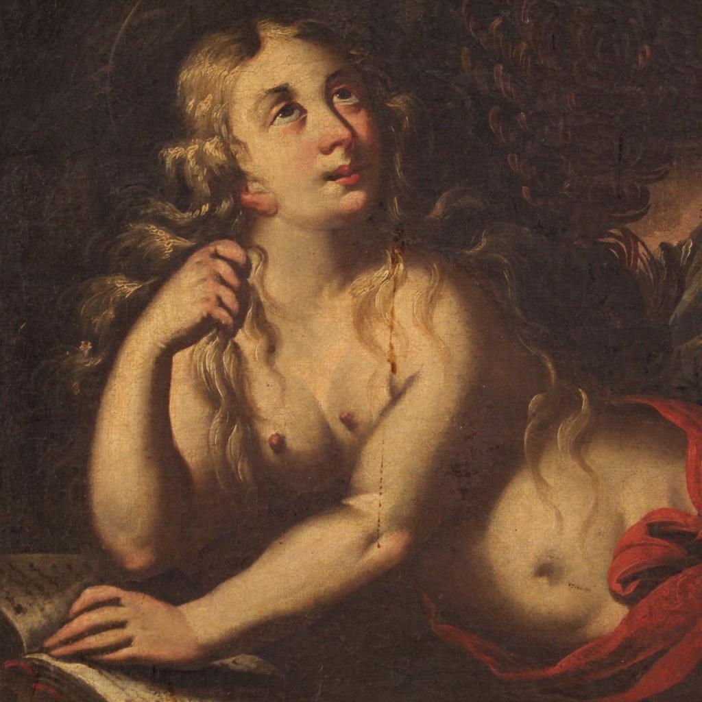 Oiled 17th Century Oil on Canvas French Religious Painting Mary Magdalene, 1670 For Sale