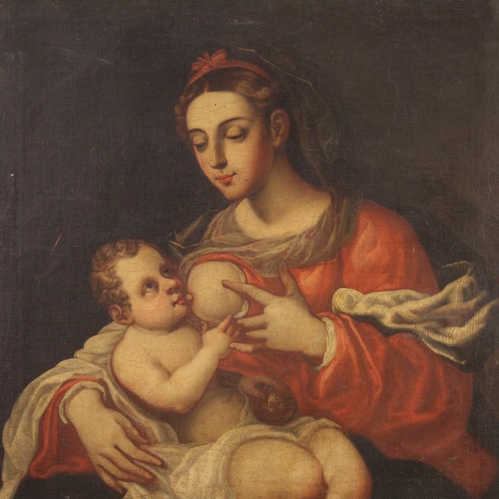 17th Century Oil on Canvas Italian Religious Painting Our Lady of the Milk, 1680 6