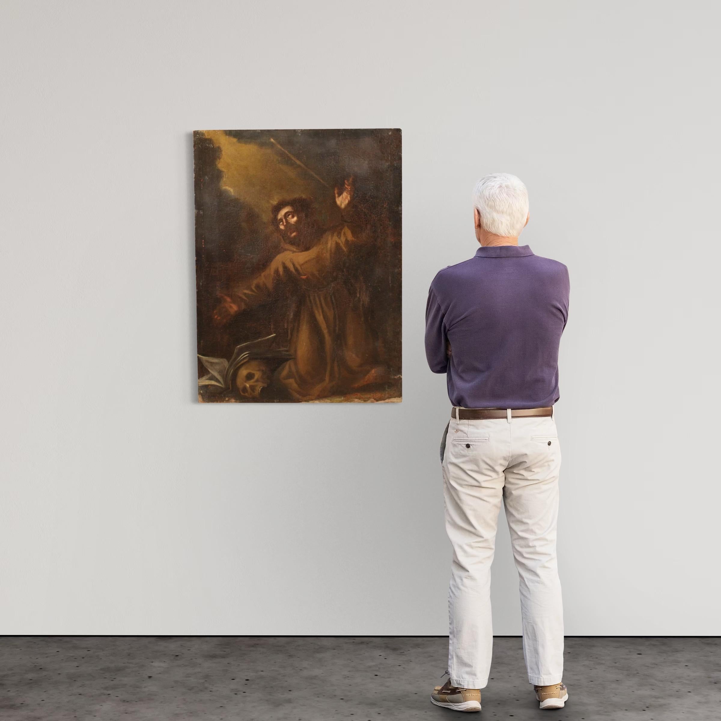 A olio 17th Century Oil on Canvas Italian Religious Painting Saint Francis of Assisi in vendita