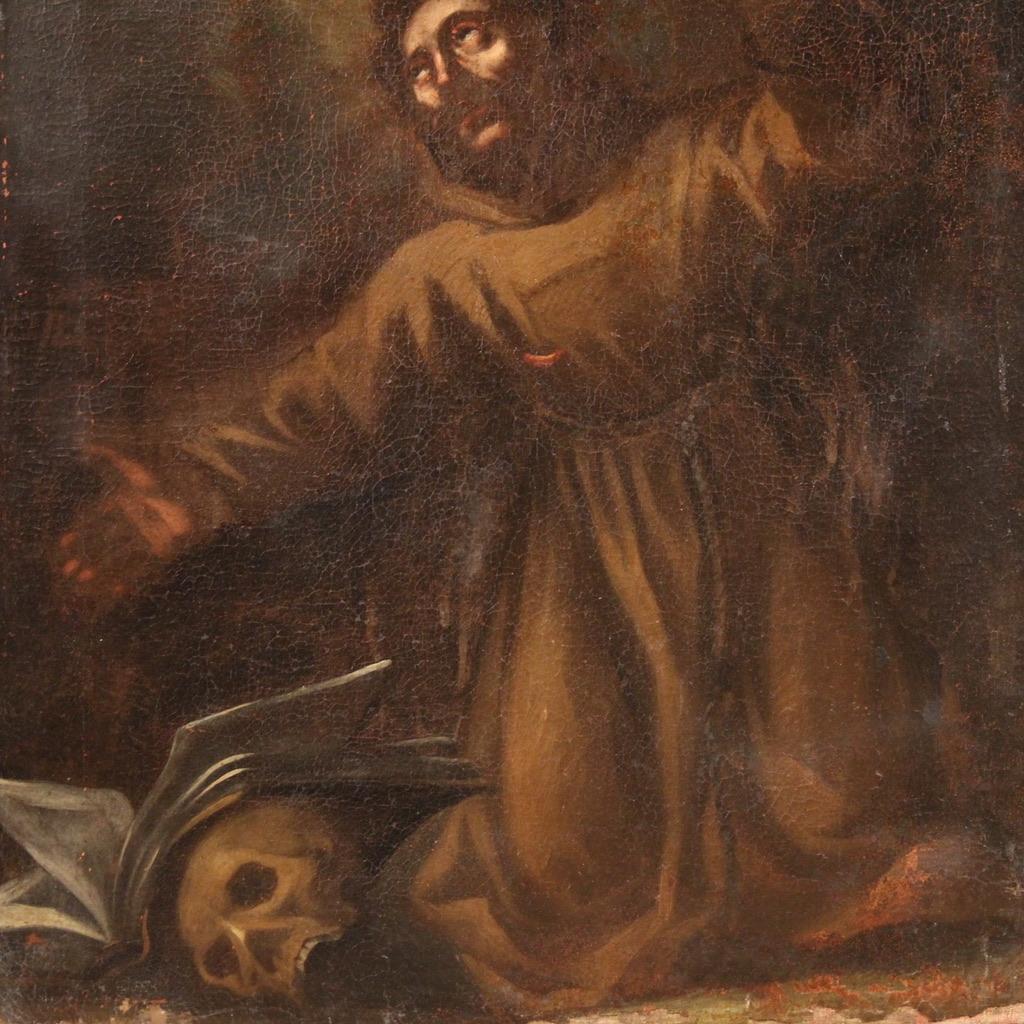 17th Century Oil on Canvas Italian Religious Painting Saint Francis of Assisi In condizioni discrete in vendita a Vicoforte, Piedmont