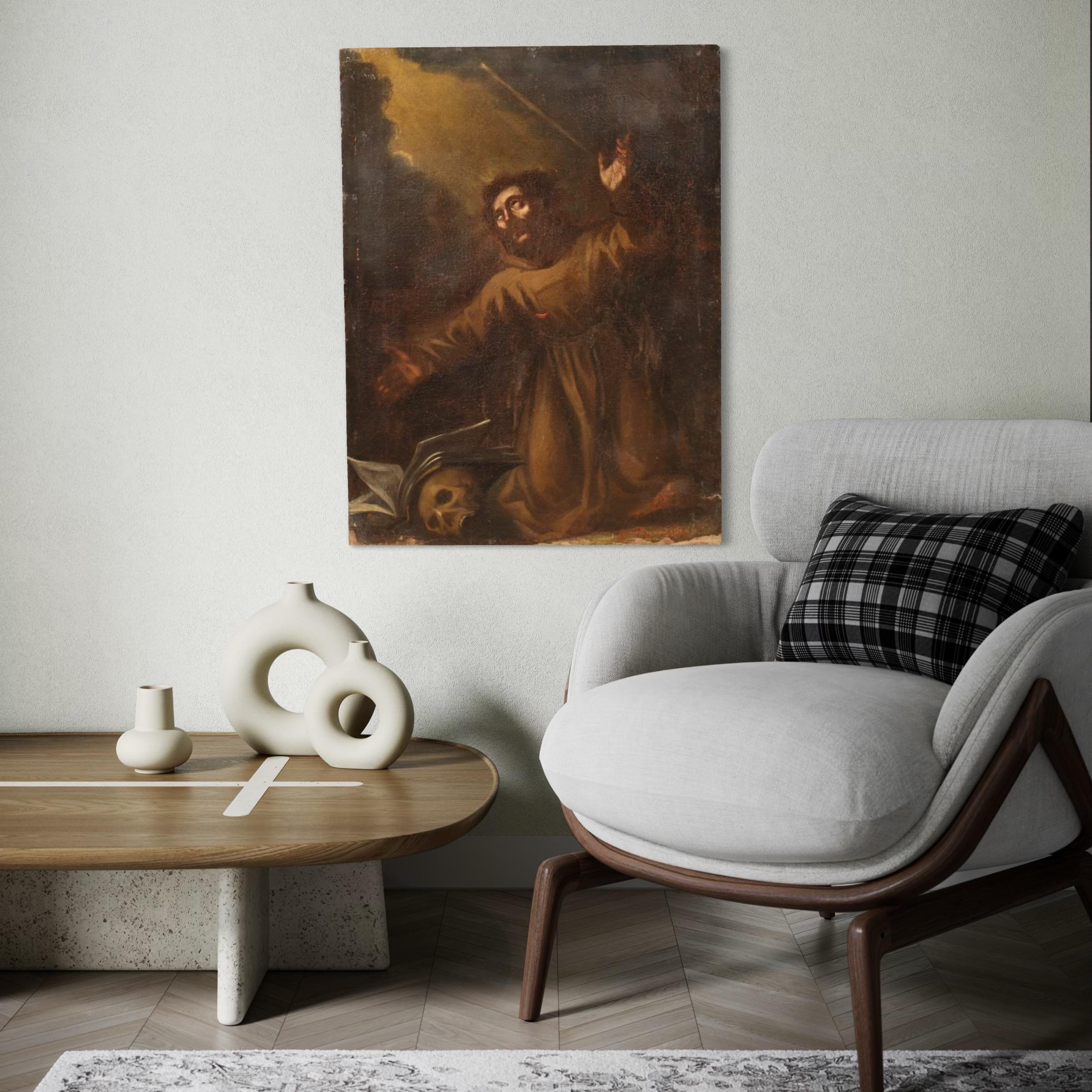 Late 17th Century 17th Century Oil on Canvas Italian Religious Painting Saint Francis of Assisi in vendita