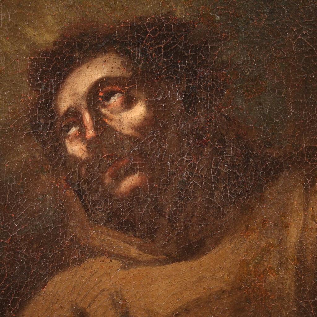 Tela 17th Century Oil on Canvas Italian Religious Painting Saint Francis of Assisi in vendita